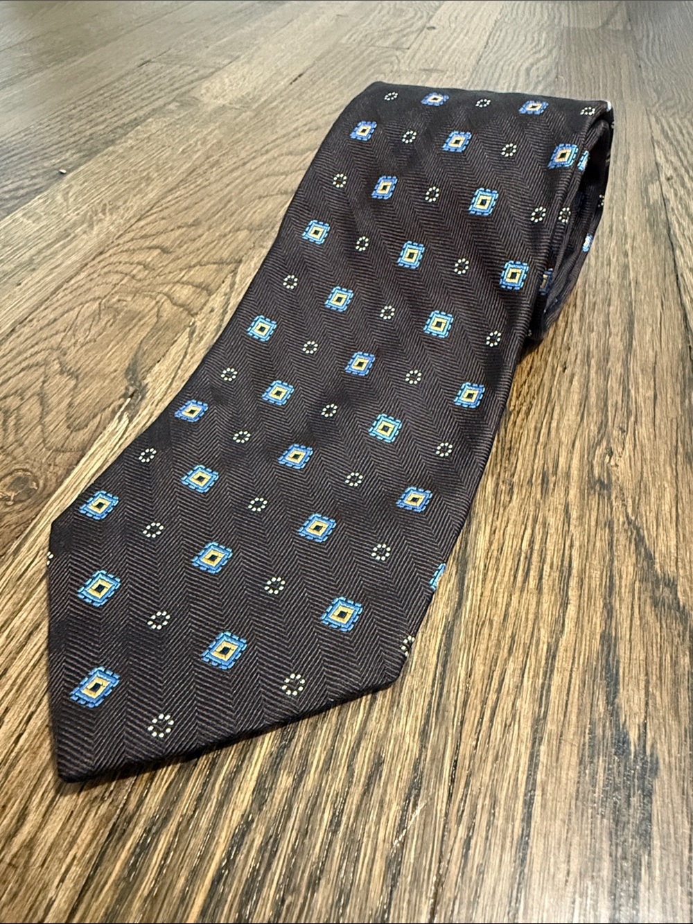 Brooks Brothers “346” Brown Blue Gold Geometric Silk Tie Made in USA